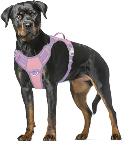 BARKBAY No Pull Dog Harness Large Reflective Dog Harness with Front Clip and Easy Control Handle for Walking Training Running with ID tag Pocket(Baby Pink & Violet Purple,XL)
