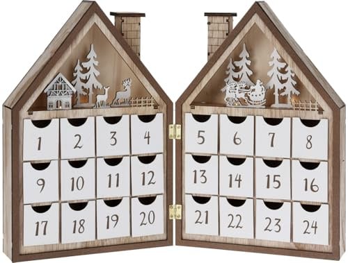 Adventskalender zum befüllen aus Holz mit beleuchteter Szene - Weihnachtskalender befüllbar - 39x30x4,5cm