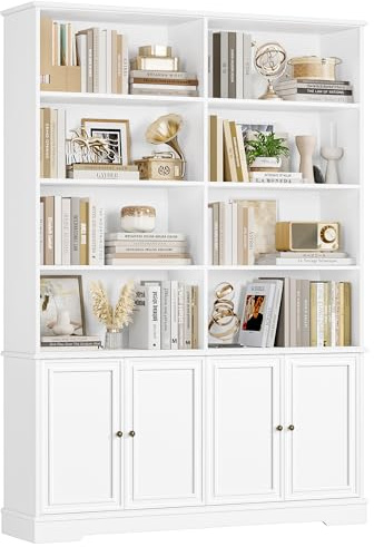FirFurd 185cm Bücherregal mit Türen，Bücherschrank mit 12 Fächern, weiß | Bücherschrank mit Türen, Bücherregal, Hochschrank Regal, Würfelregal für Wohnzimmer, Büro und Arbeitszimmer, 185x27x120cm