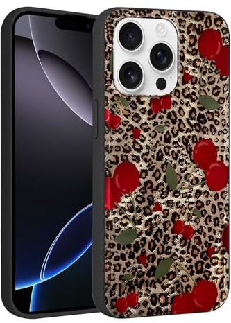 Foonary Leopard Cherry Print Case for iPhone 16 Pro Max 6.9,Cute Aesthetic Design Silicone Soft cheetah print Pattern Phone Cover for Girls, Preppy Shockproof Protective Case for Women