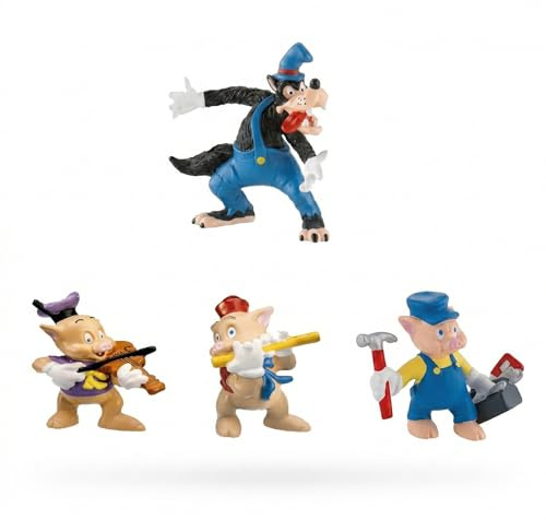 Figuras Disney Bullyland - Set de 3 cerditos Que Incluye: Lobo, Herramientas, Viloin y Flauta - Sin PVC Poner en la Tartas de cumpleaños