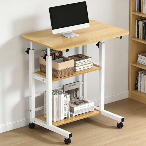 Verdego Höhenverstellbarer Schreibtisch, Beistelltisch mit Rollen, 2 Ablagen, PC Tisch 40 x 60 x 56-82cm, Platzsparender, Kleiner Mobiler Computertisch für Home Office, Sofa, Bett (Nussbaum)