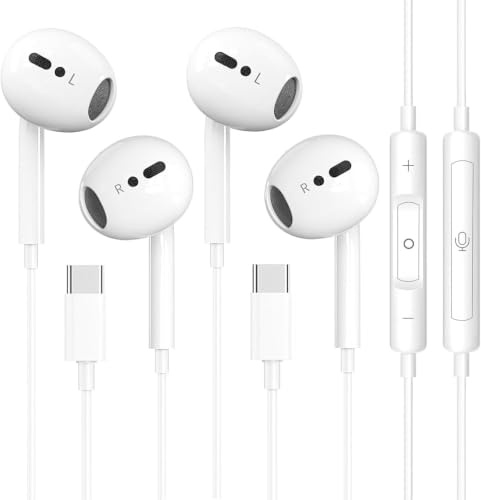 2 Pack Cuffie USB C per iPhone 17 16 15 Pro Max, Type-C Auricolari con Controllo Volume e Hi-Fi Stereo Cancellazione Rumore Microfono, In-Ear Cuffie Compatibile con iPad, Google Pixel, Samsung Galaxy