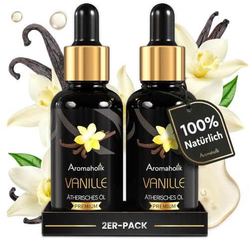 Vanilleöl BIO 60ml (2x30) Ätherisches Öl 100% natürlich – für Duftlampe & Luftbefeuchter – Vanilla Essential Oils aus Indien für Wellness & Schlaf – Aromaholik