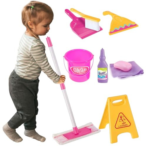 cleaning toy set Mop Dustpan Brush Mop, Dust Pan, Brush, Bucket, Caution Sign Accessories include: Detergent bottle, Squeegee, Soup Dish, Towel