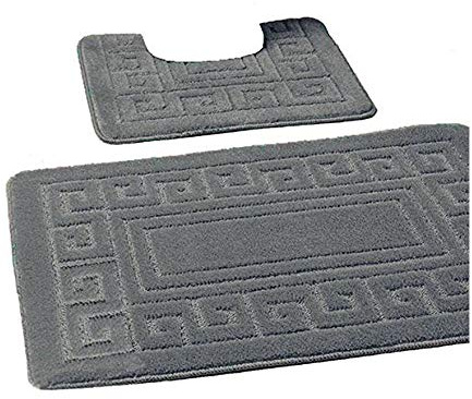 De Lavish Bath Mat Set 2 Piece Non Slip Rubber Pedestal and Bath Mat Set Toilet Greek Bathroom Rug New (Grey)