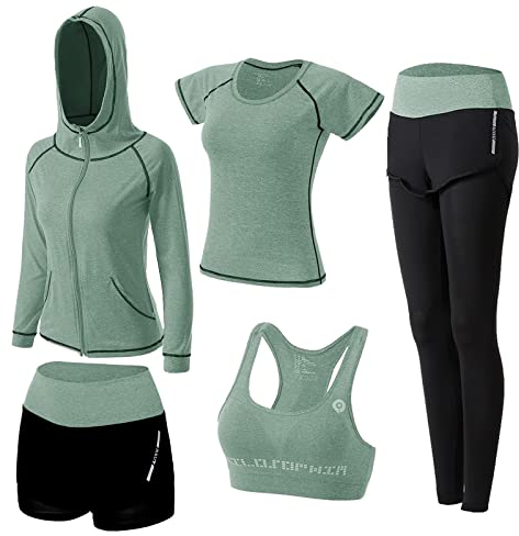 ZETIY Damen Traingsanzug Yoga Kleidung Anzug 5er-Set Sportanzüge Jogginganzug Gym Fitness Kleidung Laufbekleidung Sportswear Sport Yoga Outfit Damen BH Leggings Set - Grün - L