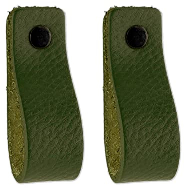 Brute Strength - Poignées en cuir pour meubles - Vert olive - 2 pcs - 16,5 x 2,5 cm - Poignée de meuble, Poignée de porte pour cuisine, salle de bain, armoires, commode, bois