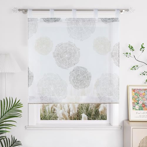 Yujiao Mao Voile Raffrollo mit Schlaufen, Weiß Braun, BxH 45x150 cm | Moderne Raffgardine mit Kreis-Muster, Halbtransparente Küchengardine, Raffrollo für Küche und Wohnzimmer, Sichtschutz