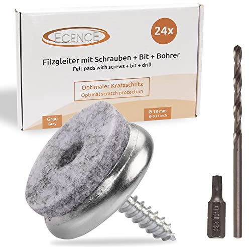 ECENCE Filzgleiter mit Torx- Schrauben 18mm/0.71inch, 24 Stück Möbelgleiter + Torxbit + Bohrer, hochwertig & langlebig, Stuhlbeinschoner ideal für Möbel, Stühle und Tische