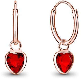 DTPsilver® KLEINE Creolen Ohrringe 925 Sterling Silber Rosen-Gold überzogen mit Swarovski® Elements Kristall Herz - Mädchen - Dicke 1.2 mm - Durchmesser 12 mm - Farbe : Light Siam Rot