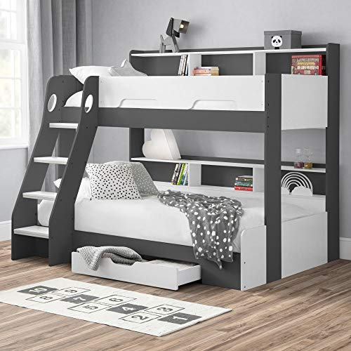 happybeds Wooden Bunk Bed, Orion Grey and White Triple Sleeper 3ft Single Top, 4ft Small Double Bottom Storage Drawer with 2x Pocket Sprung Mattresses