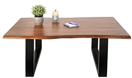 SAM Couchtisch 140 x 75 cm Insa, echte Baumkante, Akazienholz nussbaumfarben, massiver Sofatisch, U-Metallgestell Mattschwarz, Baumkantentisch 26mm Platte