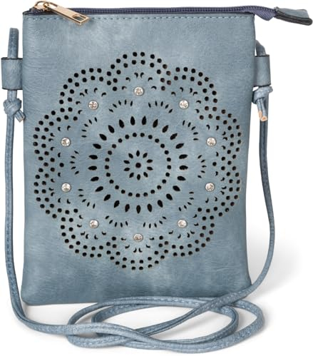 styleBREAKER Damen Mini Bag Umhängetasche mit Blumen Lasercut Cutout Muster und Strass, Schultertasche, Handtasche 02012367, Farbe:Jeansblau