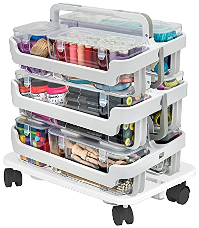 Deflecto 3 Tier Stack n go Multi Compartment Clear Plastic Storage box Caddy With Wheel Base Mobile Storage Caddy Stackable for Craft Supplies