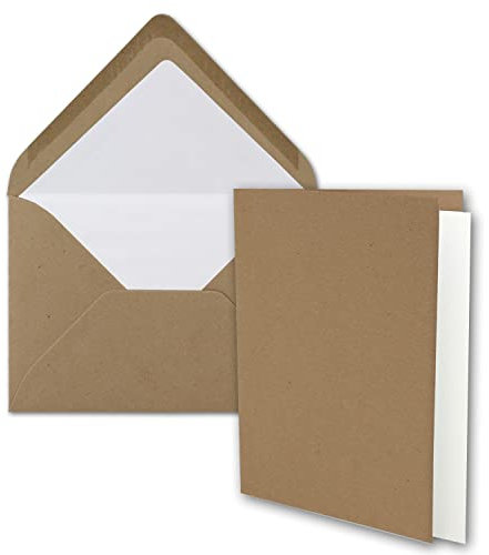 NEUSER PAPIER 25x braunes Vintage Kraftpapier Falt-Karten Set mit Weiss gefütterten Umschlägen und Einlegern DIN A6-10,5 x 14,8 cm - braun - Recycling - blanko