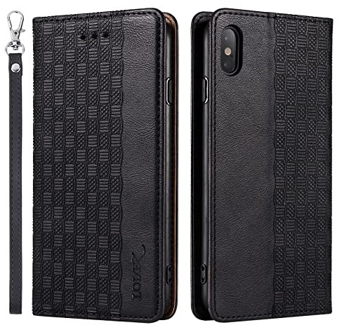 LOLFZ Case for iPhone XS Max, Leather Flip Wallet Case Card Slots Kickstand Wrist Strap Protective Magnetic Phone Case Cover for Apple iPhone XS Max - Black