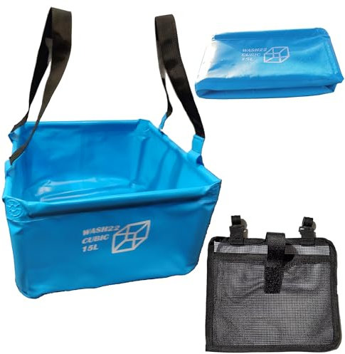 WASH22 Cubic 15L Folding Collapsible Camping Washing Basin Bucket Bag Tidy for Tents Motorhomes Campervans Caravans (Light blue | Mesh Bag)
