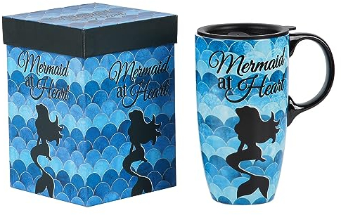 DUSVALLY Ceramic Mug Large Coffee Mug Tall Cups Porcelain Latte Tea Cup with Lid and Gift Box 17oz,Mermaid
