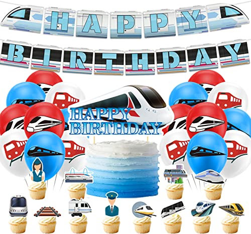 Decoración de fiesta de tren de alta velocidad Bullet Train Suministros de fiesta de cumpleaños Incluye tren de alta velocidad Happy Birthday Banner, cake Topper, Cupcake Topper, globos