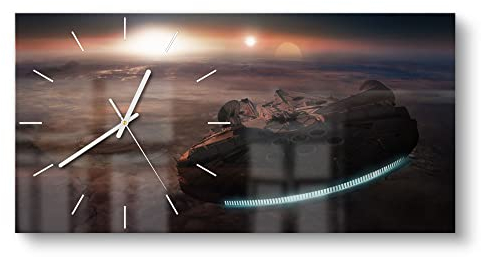 DEQORI Glasuhr | vertikal 60x30 cm | Motiv Millennium Falcon Dunkel | große XXL Design Uhr aus Glas | leise Wanduhr für Wohnzimmer & Küche | Moderne Hingucker Uhr für die Wand