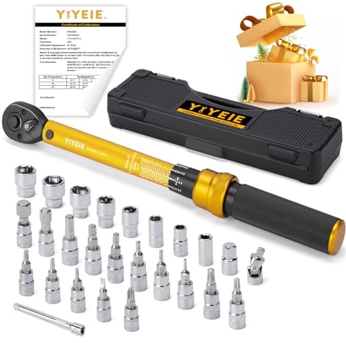 YIYEIE 27Tlg Drehmomentschlüssel Fahrrad & Motorrad, 1-25 NM, ±3% Toleranz, 1/4 Fahrrad Drehmomentschlüssel Set, 0,1NM Feinjust Drehmoment, 72 Zähne Ratsche Torque Wrench, Inkl. Sockets & Adapters