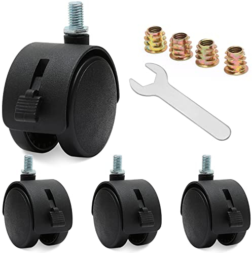 4 Stück 50mm Möbelrollen mit Bremse, Nylon Lenkrollen mit M7,5-Gewinde, Mutter und Schraubenschlüssel, Schwarz
