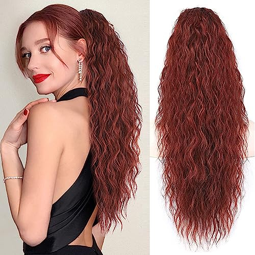 PORSMEER Pferdeschwanz Haarteil Lang 76 cm mit Kordelzug Wellig Locken Ponytail Extension Rotbraun Natürliches Clip in Haarteil Ponytail Kunsthaar Haarzopf für Damen Afro Zopf Haarverlängerunge