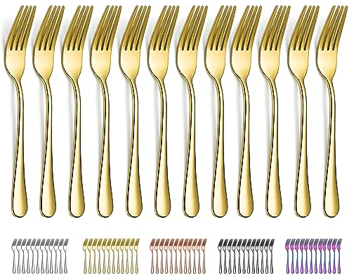 Evanda Fourchette de table en or 12 pièces 20.5cm, fourchettes à gâteau, fourchettes à dîner en acier inoxydable plaqué titane, faciles à nettoyer, lavables au lave-vaisselle