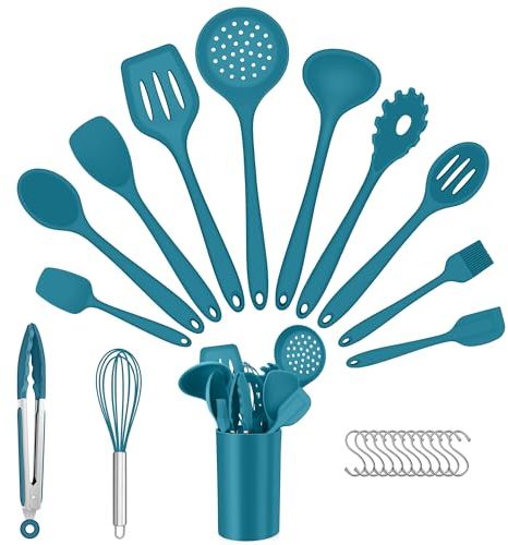 Küchenhelfer Set, Joyfair 25 Teiliges Silikon Küchenutensilien Kochbesteck Set, Antihaft Hitzebeständiger Kochutensilien Kochgeschirr mit Utensilienhalter & S-Haken, Spülmaschinenfest - Blau