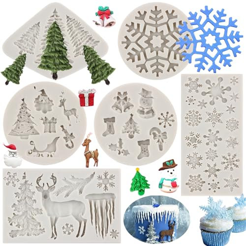 Sijiangmold Christmas Silicone Molds Snowflake Molds Mini Xmas Fondant Chocolate Candy Cake Molds Christmas Tree Deer Elk Frozen Party Mold For Cake Decorating Cupcake Topper Gum Paste Set Of 6