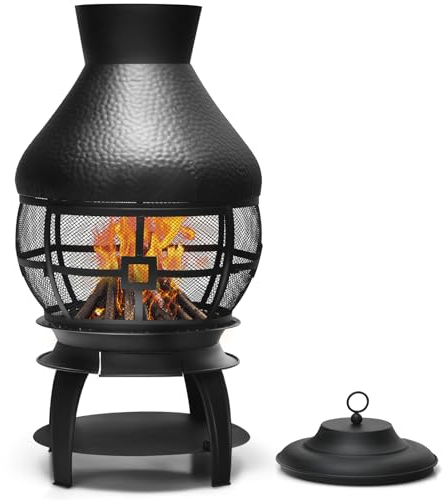 COSTWAY Brasero Foyer Extérieur avec Grille à Bûches en 2 Pièces, Cheminée à Bois Capuchon de Pluie et Tisonnier Couvercle en Maille Ignifuge à 360°, pour Jardin Camping Barbecue