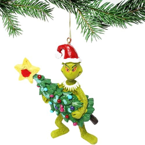 3D Grinch Christmas Ornament, Hanging Christmas Decorations Pendants Grinch Holding a Tree Xmas Decor for Home Holiday Party (3D)