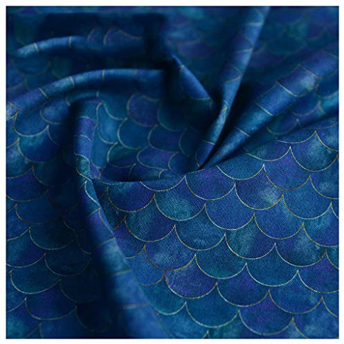 NIANTONG 100% Baumwollstoff Farbverlauf Japanischer Fischschuppen-Druck Meerjungfrauenschuppen Geometrischer Dekorationsstoff zum Nähen DIY-Kunsthandwerk 130cm Breit(Size:1m,Color:blau)
