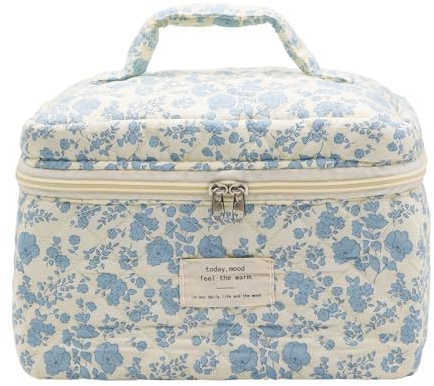 Kryzalite Trousse de maquillage mignonne pour femme, grande trousse de toilette de voyage, trousse de toilette matelassée esthétique avec motif floral (bleu), bleu, bleue
