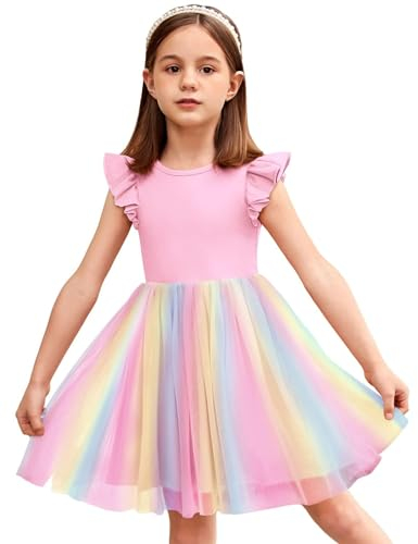 Arshiner Robe Arc-en-Ciel pour Filles Robe D'été à Manches Flottantes Robe de Soirée Trapèze Robe de Princesse Tutu Robe d'anniversaire Robe de Bal Rose 6-7 Ans