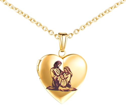MICMIF Halskette Herz Medaillon mit Heilige Familie Maria, Josef und Jesus, Religiöse Medaille Amulett Halskette für Bild Foto Personalisiert, Edelstahl Bilder Medaillon Schmuck für Damen Mädchen