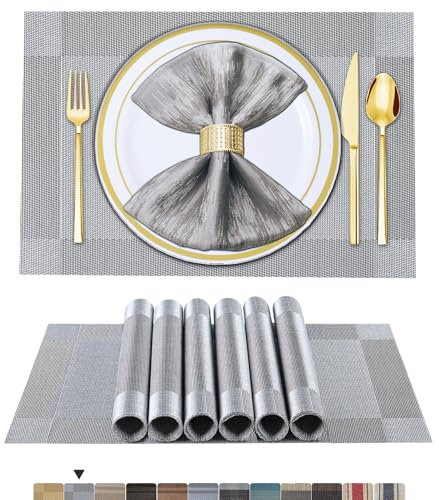 BETEAM Platzsets Abwaschbar 6er Set Vinyl Tischsets für Esstisch Waschbar Küchen Platzdecken Langlebige Tischsets für Drinnen Draußen-02 Silber Grau, 6er Set
