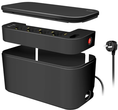 LogiLink LPS282U - Kabelbox mit 5-Fach-Steckdosenleiste inkl. 3X USB, Farbe: Schwarz