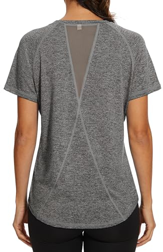 Gyabnw Sportshirt Damen Dunkelgrau Atmungsaktiv & Leicht – Laufshirt Locker als Funktionsshirt Kurzarm, Sportoberteil für Fitness, Yoga, Radfahren & Wander Tshirt