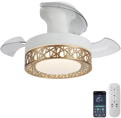 Cucummn Ceiling Fan Light with Retractable Blade Silent 6 Speed Bedroom Ceiling Fans with Lights Small DC Reversible LED Ceiling Fans Lamps Remote Control and APP Dimmable Memory Function