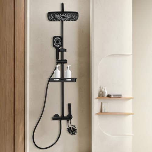 Dnkelar Duschsystem, Duschstange Höhenverstellbar, Duschset mit Mischbatterie, Duschsystem mit Regendusche, Regal und Handbrause mit 3 Strahlarten (Ohne Thermostat-Schwarz-7)