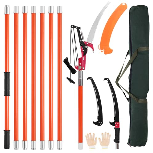 WZTO Scie à pôles manuelle, élagueuse extensible de 7,3 à 27 m, lame en acier tranchant et ciseaux de coupe haute branche, coupe-branches avec poignées légères en fibre de verre, pour palmes et