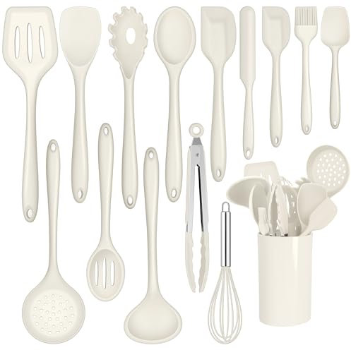 Joyfair Set di utensili da cucina, 15 pezzi, in silicone, resistenti al calore, con porta utensili, antiaderenti, lavabili in lavastoviglie, colore: bianco