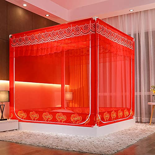 itonc Bedcurtain Für Betten Luxus Prinzessin 3 Seite Türen Baldachin Bett Vorhang 360° Anti-Moskito Netting Bettwäsche Zelt Einfache Installation,Rot,200 * 215 cm