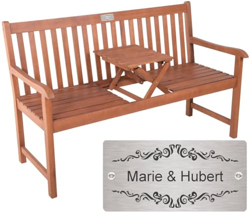 Sterngraf Silber Hochzeit Bank mit Gravur-Schild zB. Ranke Ornament (Namen), Klapptisch Gartenbank Padang 142cm, Edelstahlschild personalisiert, Geschenkidee zum 25. Hochzeitstag