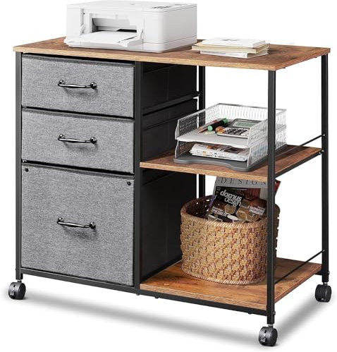 DEVAISE 3 Drawer Mobile File Cabinet,Fabric drawer Printer Stand with Open Storage Shelf fits A4 or Letter Size for Home Office, Grey