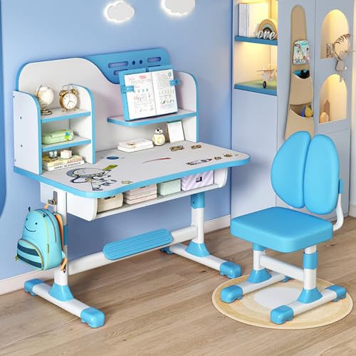 UDIYO Kinderschreibtisch-Set mit Bücherständer, Höhenverstellbarer Schreibtisch mit Schubladen, Goldenes Distanzdesign, Kinder Schreibtisch für Jungs & Mädchen (Blau C)