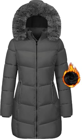 Tuopuda Winterparka Damen Lang Warm Winter Daunenjacke Wasserdicht Steppjacke Skijacke Übergangsmantel Winddichter Pufferjacken Stehkragen Oberbekleidung Geschenk für Frauen, Dunkelgrau, M