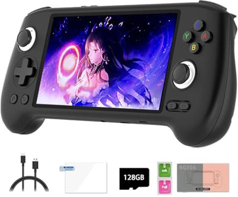 Meiurlex Console di gioco portatile retrò RG556, schermo AMOLED da 5,48 pollici, sistema Android 13, scheda SD da 128 G integrata, 4000 giochi, lettore video per bambini e ragazzi (4+128 G) + 128 G)